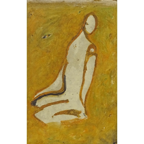 1245 - Mid-20th century oil on board, modernist seated figure, signed with indistinct monogram, 12