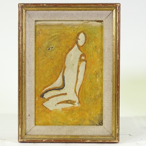 1245 - Mid-20th century oil on board, modernist seated figure, signed with indistinct monogram, 12