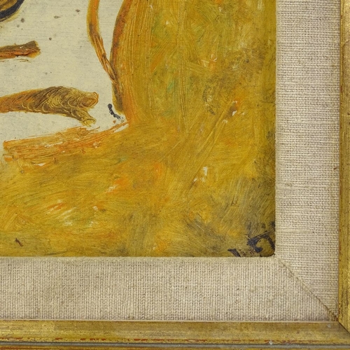 1245 - Mid-20th century oil on board, modernist seated figure, signed with indistinct monogram, 12