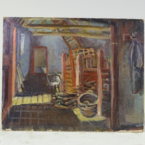 1248 - Mid-20th century oil on board, surrealist interior, unsigned, 16