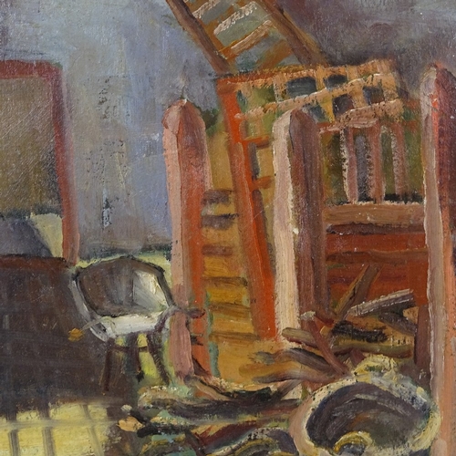 1248 - Mid-20th century oil on board, surrealist interior, unsigned, 16