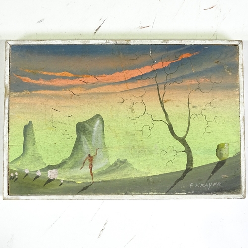 1253 - Gino Krayer (born 1906), oil on board, surrealist landscape, signed, 5