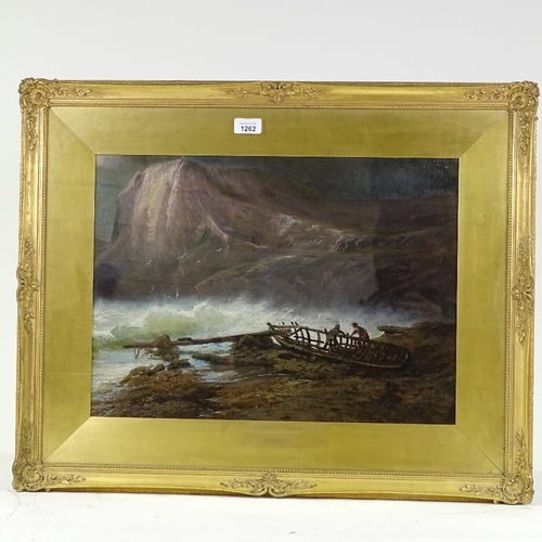 1262 - 19th century oil on canvas board, shipwreck, unsigned, 14