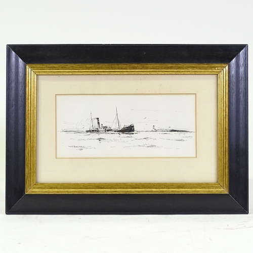 1266 - William Birchall (1884 - 1941), pen and ink drawing, steam barge, signed and dated 1931, 5