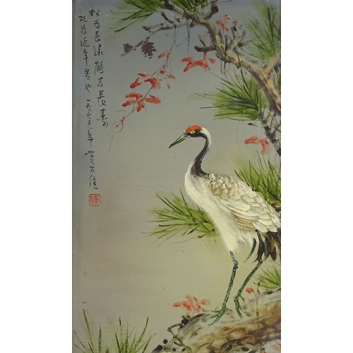 1269 - 20th century Chinese School, oil on canvas, crane in a tree, text inscription, 23