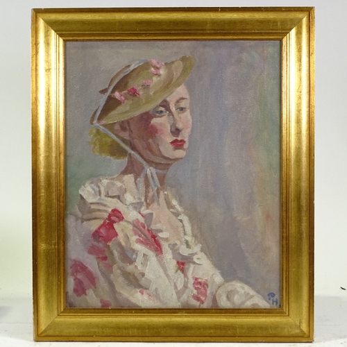 1275 - Mid-20th century oil on board, portrait of a woman, signed with monogram PH, with another portrait v... 