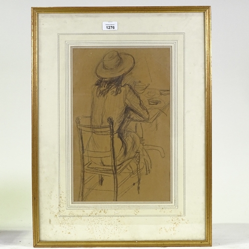 1276 - Sylvia Varley, pencil drawing, seated figure, Exhibition label verso, 16