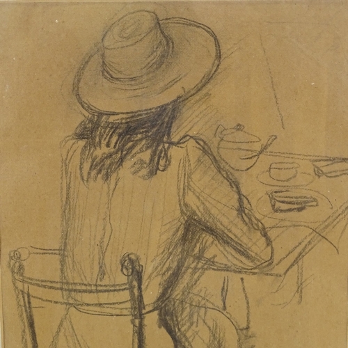 1276 - Sylvia Varley, pencil drawing, seated figure, Exhibition label verso, 16