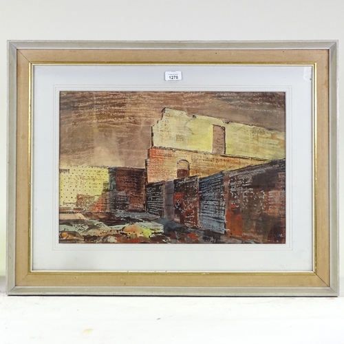 1278 - Cavendish Morton, gouache, war damaged buildings, signed and dated 1966, 14