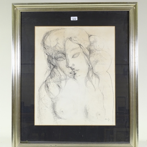 1279 - Charcoal/ink drawing, two lovers, indistinctly signed, dated '61, 23