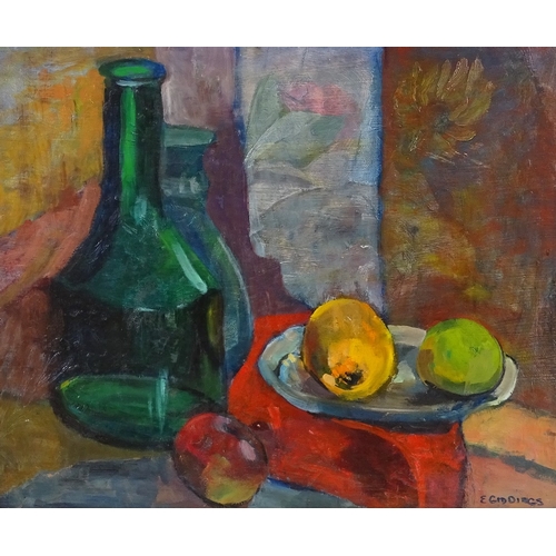 1281 - E Giddings, oil on board, still life, signed, 18