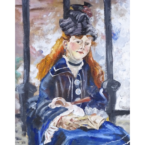 1287 - Oil on board, girl reading a book, unsigned, 28