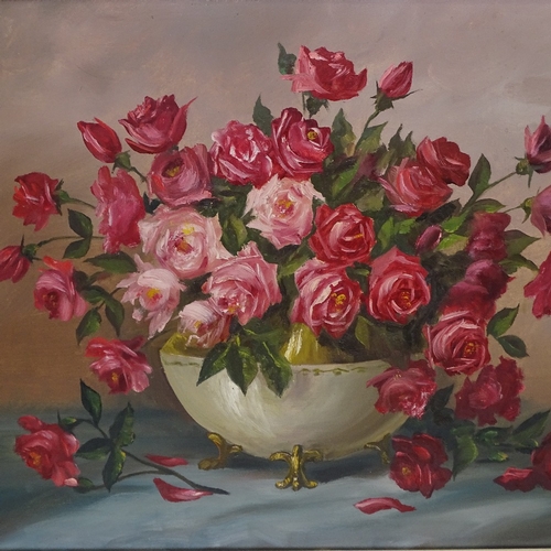 1289 - R Roberts, oil on canvas, still life roses, signed, 24