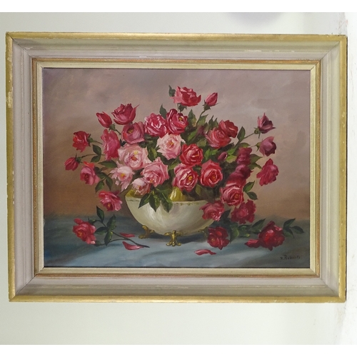 1289 - R Roberts, oil on canvas, still life roses, signed, 24