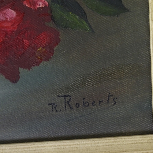 1289 - R Roberts, oil on canvas, still life roses, signed, 24