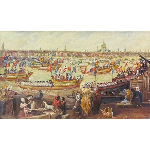 1295 - Margaritte Brown, oil on board, procession on the Thames 1789, signed, 15