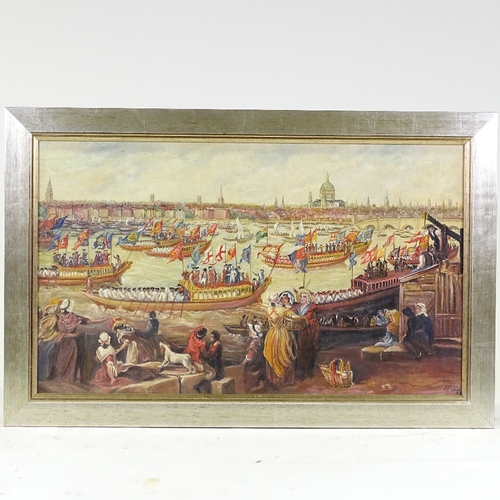 1295 - Margaritte Brown, oil on board, procession on the Thames 1789, signed, 15