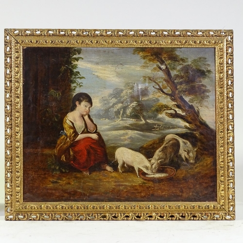 1306 - Attributed to George Morland, oil on canvas, girl feeding piglets, unsigned, 16