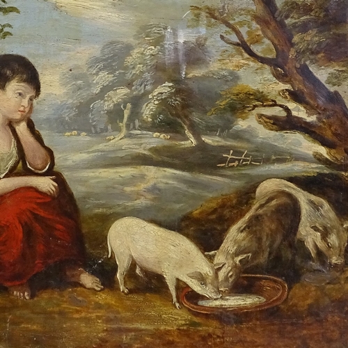 1306 - Attributed to George Morland, oil on canvas, girl feeding piglets, unsigned, 16