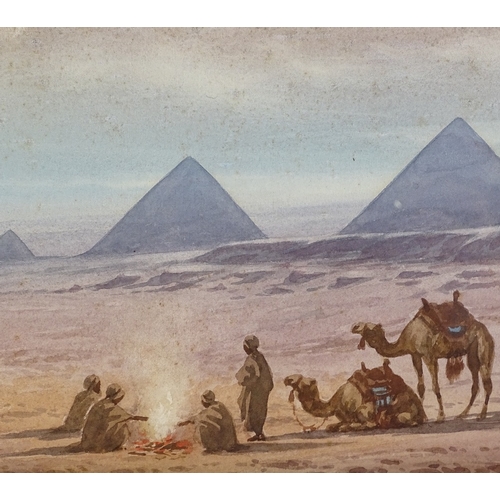 1309 - Early 20th century watercolour, camel riders near pyramids, signed with monogram, 8