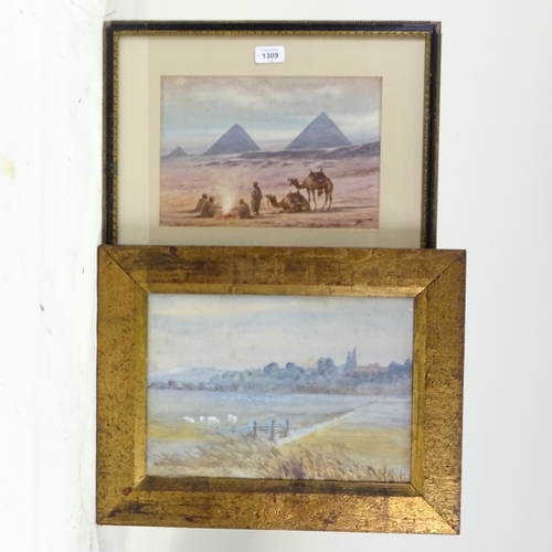 1309 - Early 20th century watercolour, camel riders near pyramids, signed with monogram, 8