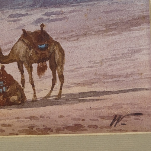 1309 - Early 20th century watercolour, camel riders near pyramids, signed with monogram, 8