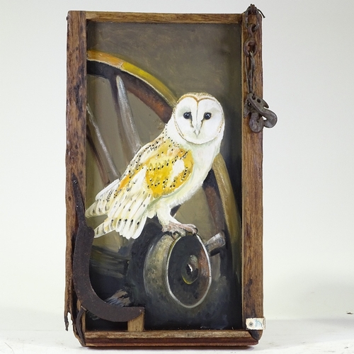 1312 - Clive Fredriksson, oil on board, barn owl, in rustic wood frame, overall dimensions 28