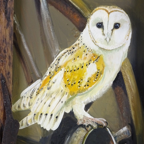 1312 - Clive Fredriksson, oil on board, barn owl, in rustic wood frame, overall dimensions 28