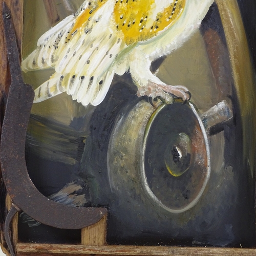 1312 - Clive Fredriksson, oil on board, barn owl, in rustic wood frame, overall dimensions 28