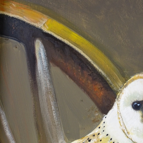 1312 - Clive Fredriksson, oil on board, barn owl, in rustic wood frame, overall dimensions 28