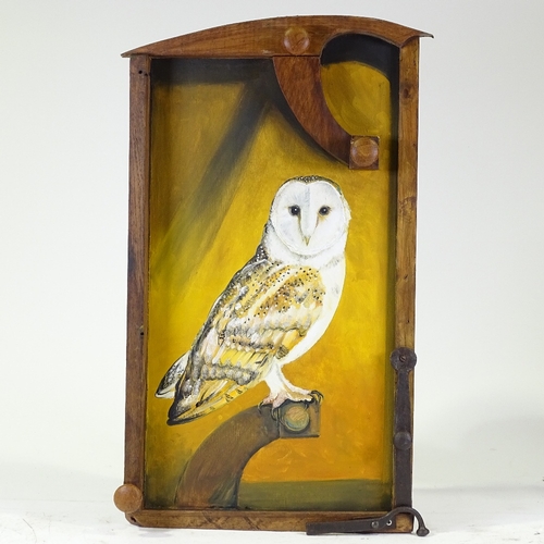 1313 - Clive Fredriksson, oil on board, barn owl, in rustic wood frame, overall dimensions 29