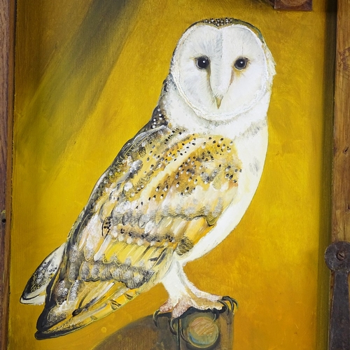 1313 - Clive Fredriksson, oil on board, barn owl, in rustic wood frame, overall dimensions 29