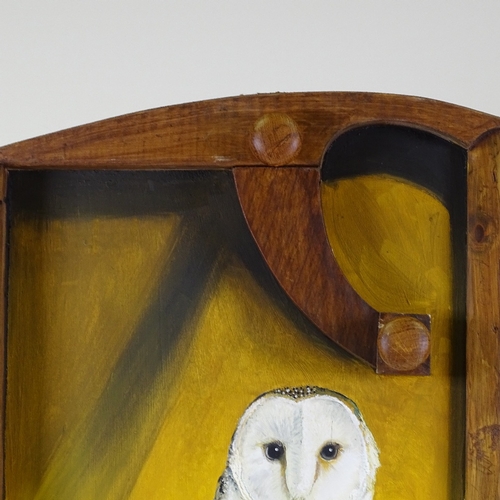 1313 - Clive Fredriksson, oil on board, barn owl, in rustic wood frame, overall dimensions 29