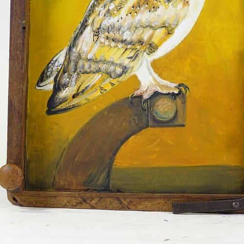 1313 - Clive Fredriksson, oil on board, barn owl, in rustic wood frame, overall dimensions 29