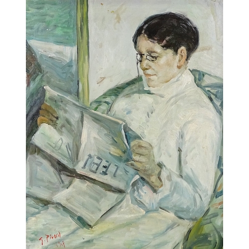 1317 - Modern oil on board, woman reading a paper, 20