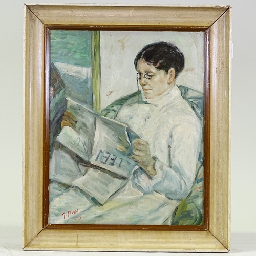 1317 - Modern oil on board, woman reading a paper, 20