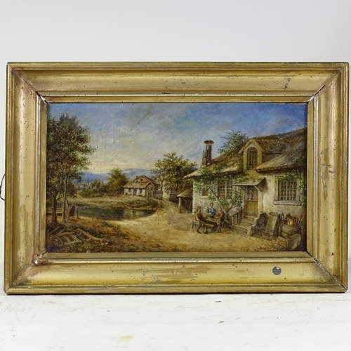 1327 - 19th century oil on canvas, figures outside an inn, unsigned, 10.5