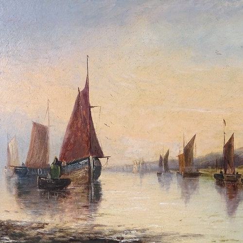 1328 - Oil on canvas, circa 1900, boats on a river, indistinctly signed, 20