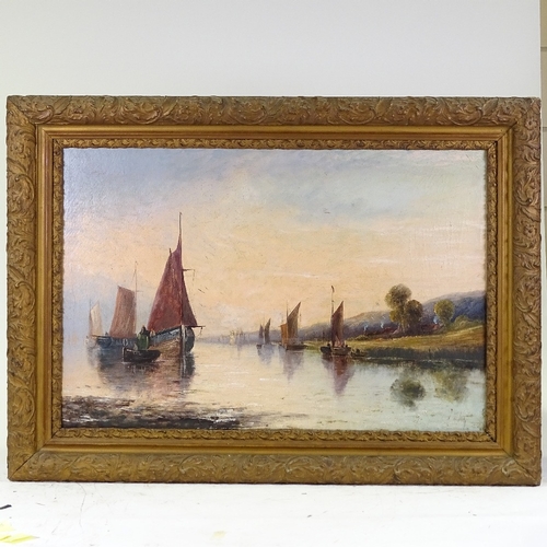 1328 - Oil on canvas, circa 1900, boats on a river, indistinctly signed, 20