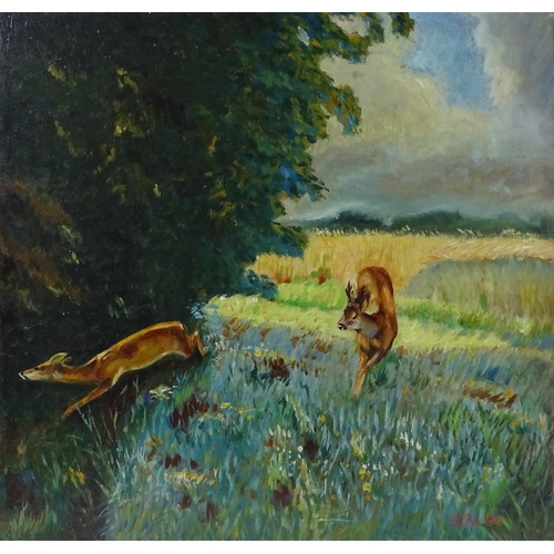 1330 - Hebein, oil on board, running deer, 1946, 16