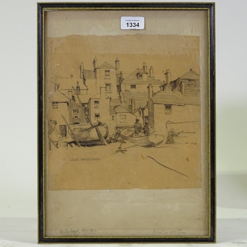 1334 - William Lee Hankey, pencil drawing on brown paper, Old Hastings, sheet size 10