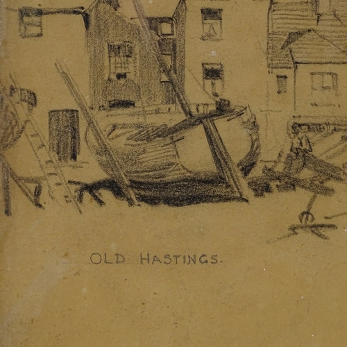 1334 - William Lee Hankey, pencil drawing on brown paper, Old Hastings, sheet size 10