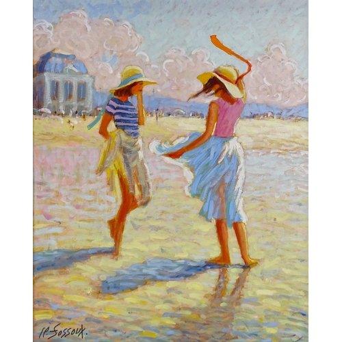 1335 - Claude Fossoux, oil on canvas, girls at the beach, signed, 24