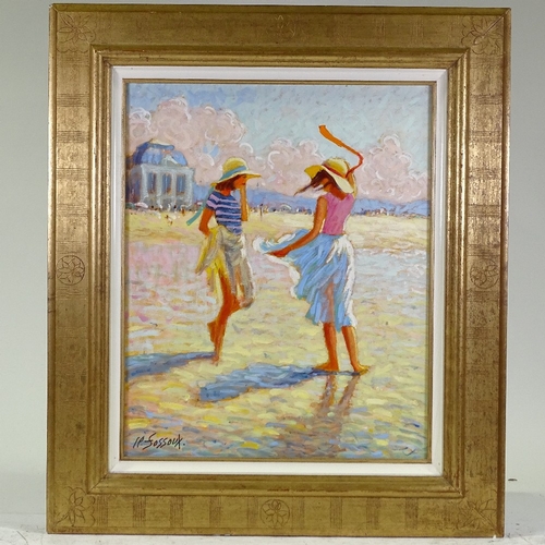 1335 - Claude Fossoux, oil on canvas, girls at the beach, signed, 24