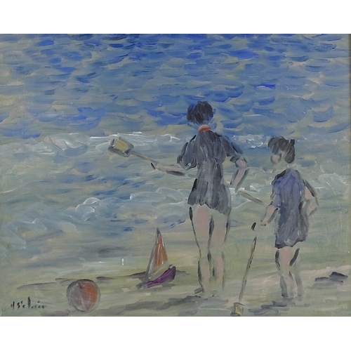 1336 - Sinclair, oil on board, children at the beach, indistinctly signed, 15