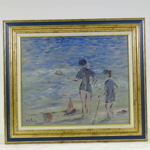 1336 - Sinclair, oil on board, children at the beach, indistinctly signed, 15