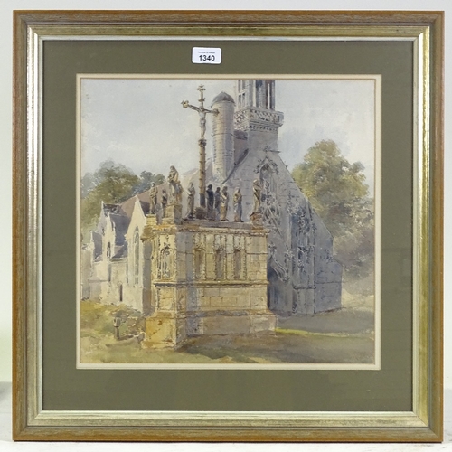 1340 - 19th century watercolour, church exterior, unsigned, 15