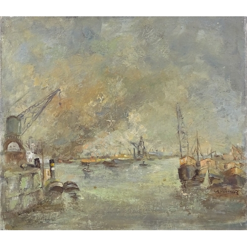 1341 - A Cluytmans, oil on canvas, docklands scene, signed, 17