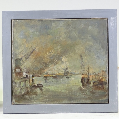 1341 - A Cluytmans, oil on canvas, docklands scene, signed, 17