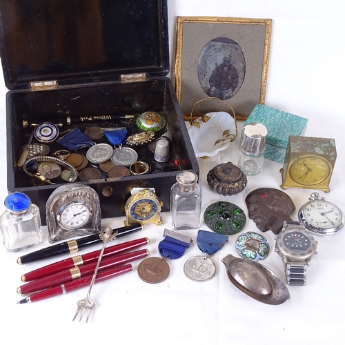 148 - Various collectables, including Parker 17 fountain pen, silver-topped jars, Zenith alarm clock, unma... 